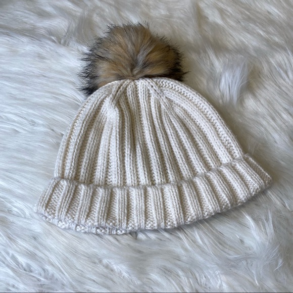 J. Crew H3198 Ribbed Cashmere/Wool Blend Faux Fur Pom-Pom Beanie One Size